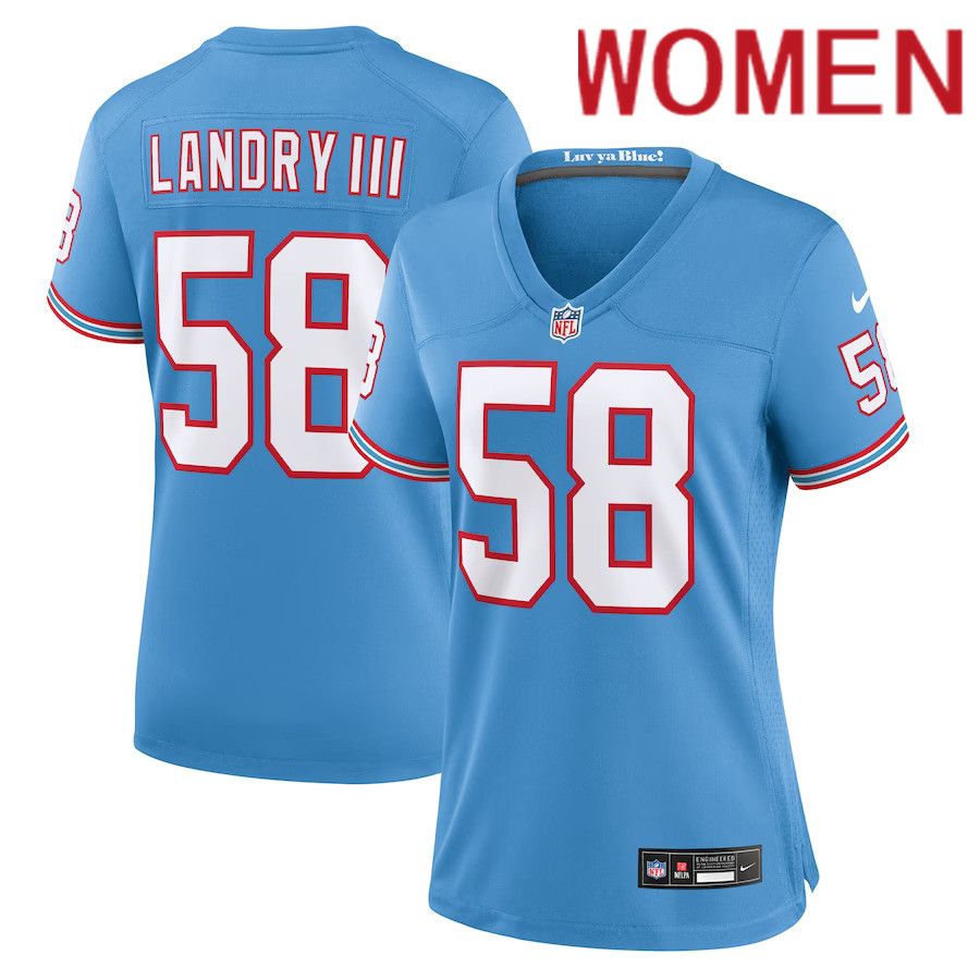 Women Tennessee Titans #58 Harold Landry Nike Light Blue Oilers Throwback Player Game NFL Jersey